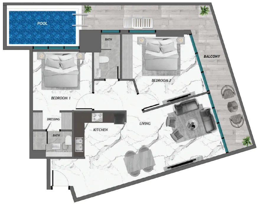 2 bedrooms floor plan