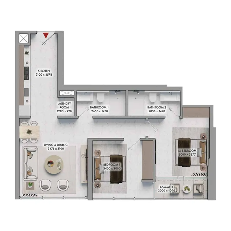 2 bedrooms floor plan