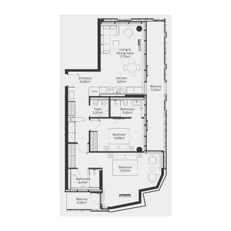 2 bedrooms floor plan