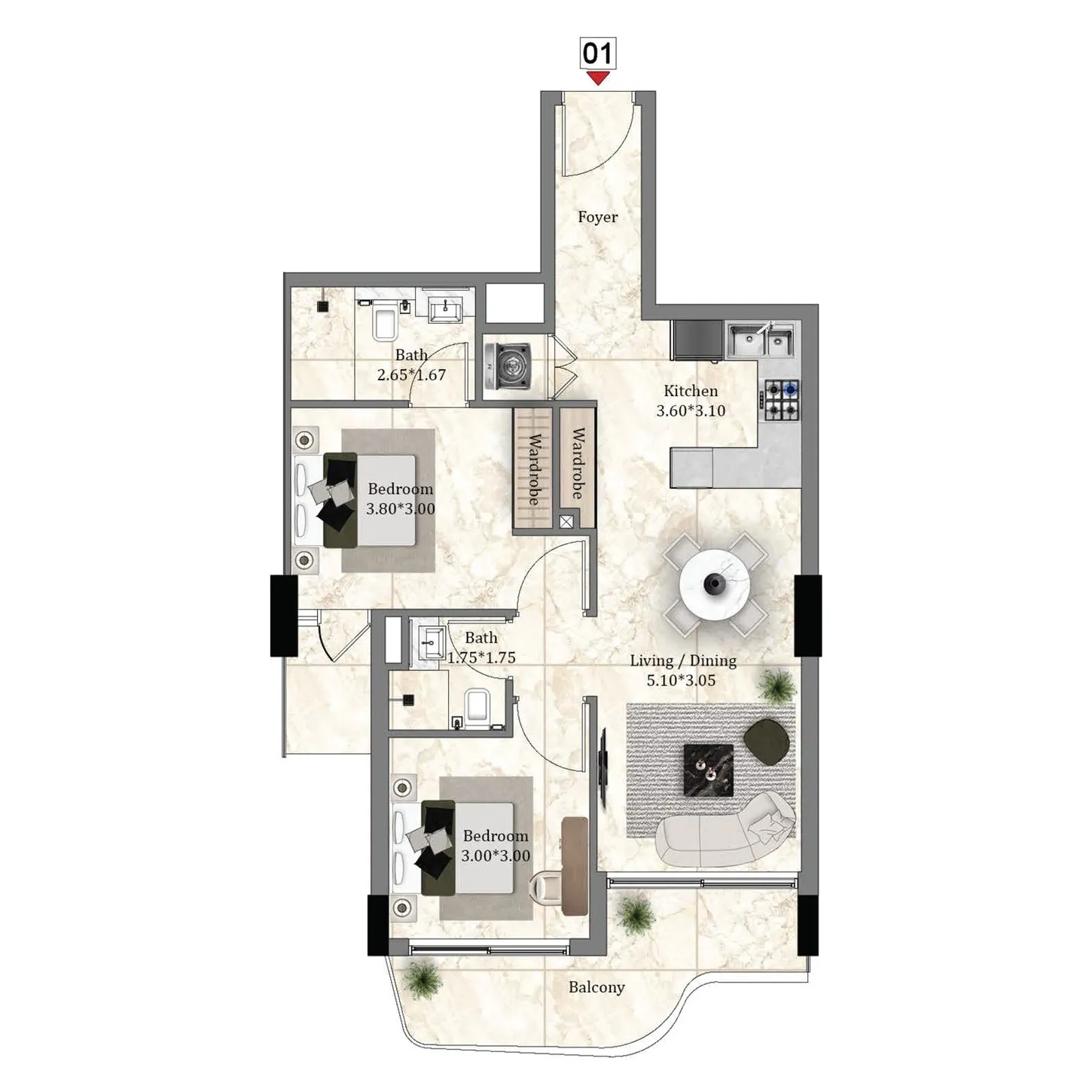 Cellista by Zoya — 2 Bedrooms floor plan