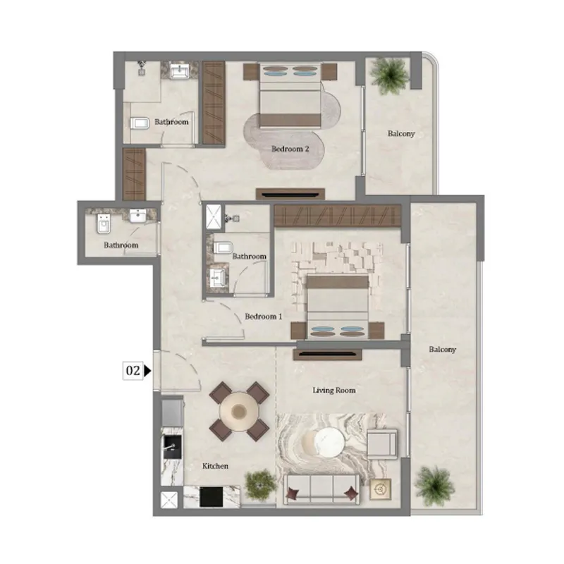 2 bedrooms floor plan