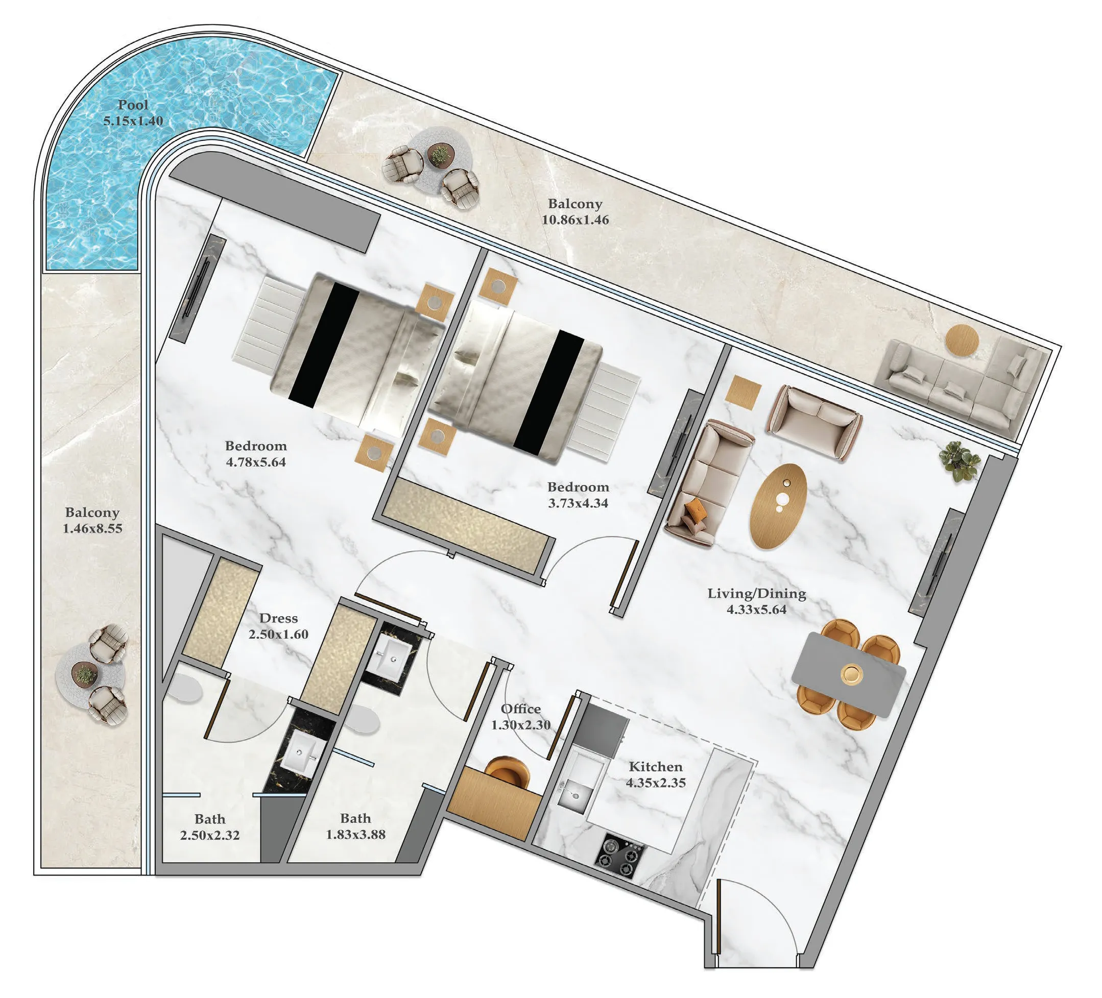 Danube Bayz 102 2BR floor plan
