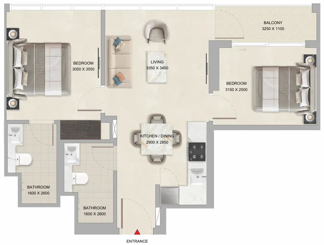 2 bedrooms floor plan