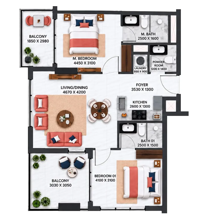 2 bedrooms floor plan
