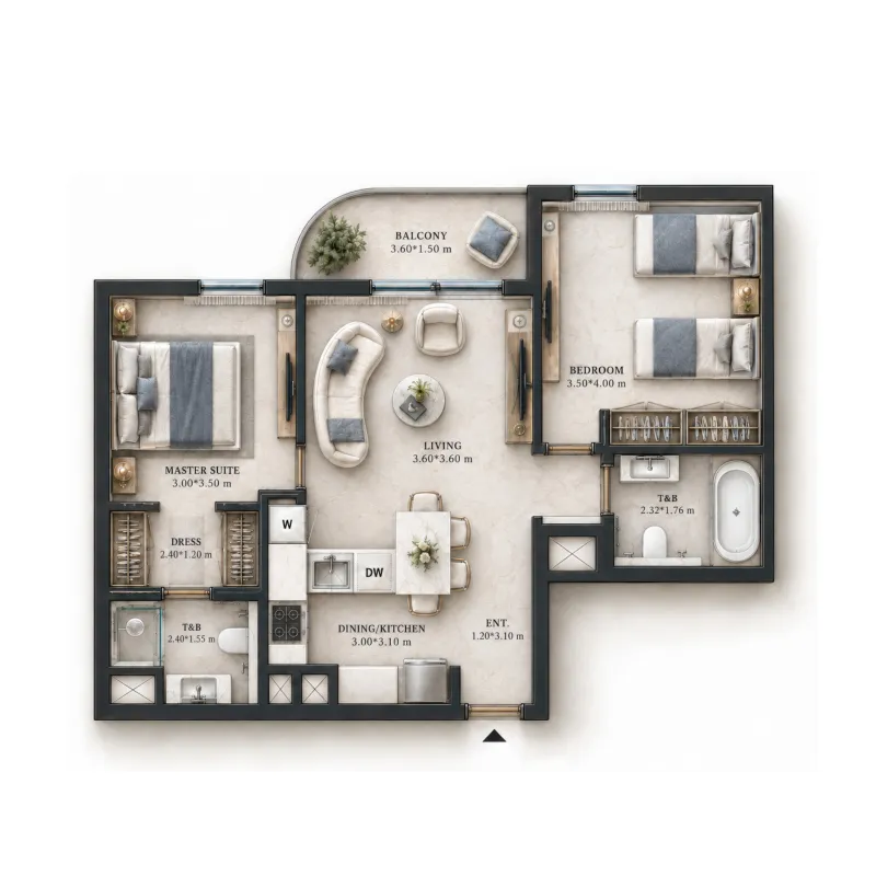 2 bedrooms floor plan