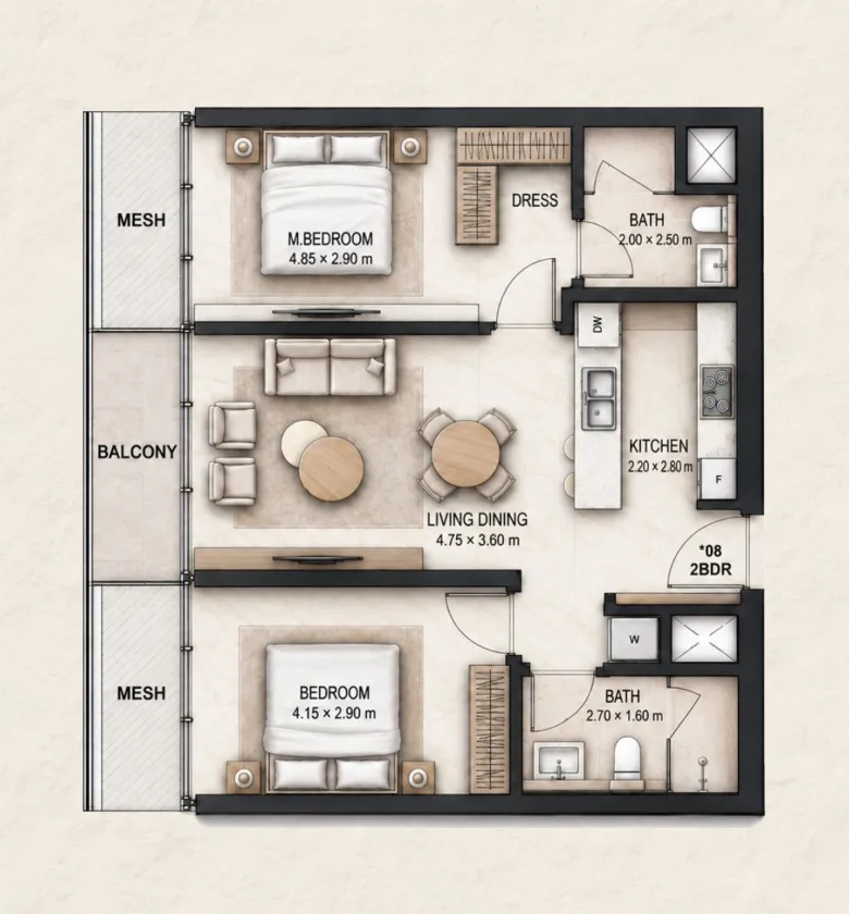 2 bedrooms floor plan