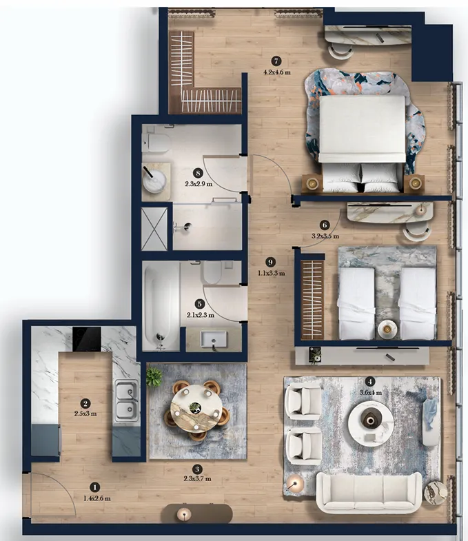 2 bedrooms floor plan