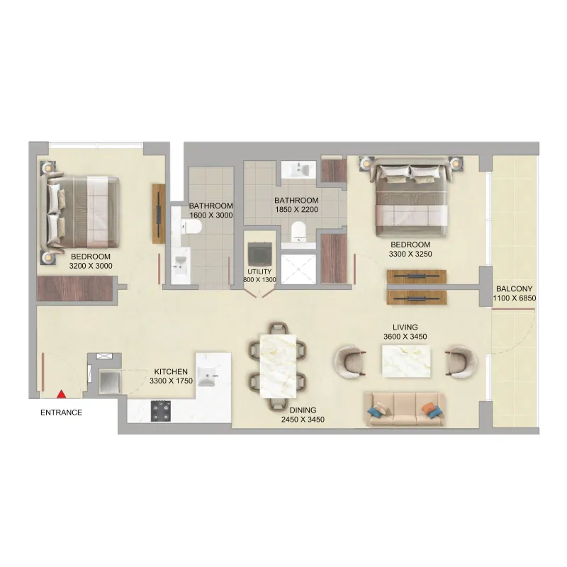 2 bedrooms floor plan