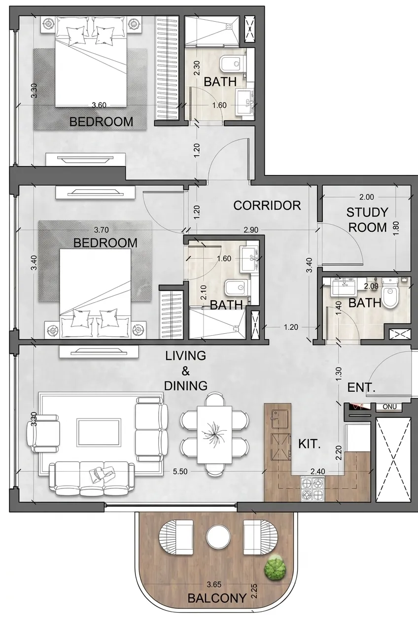 2 bedrooms floor plan