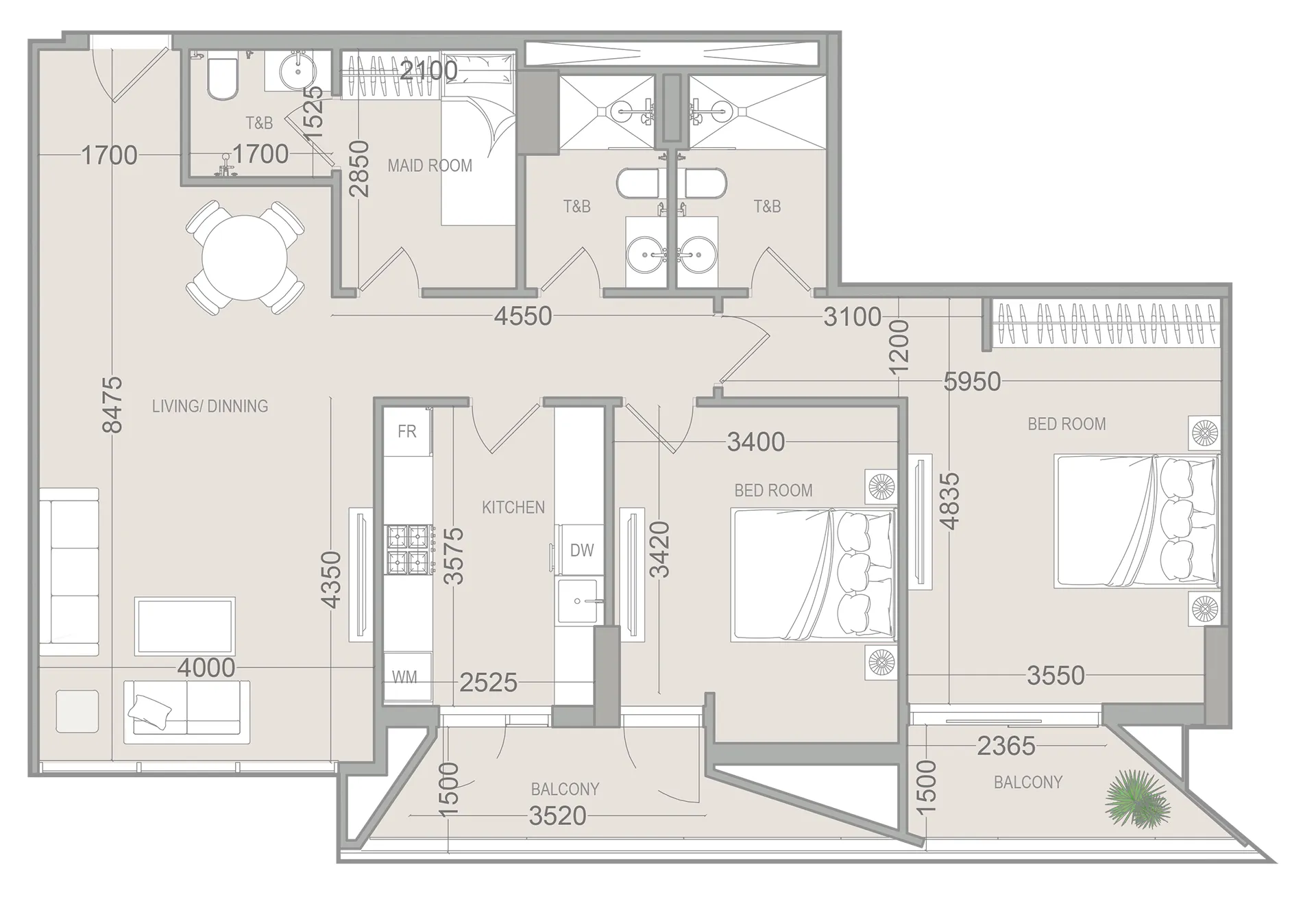 2 bedrooms floor plan