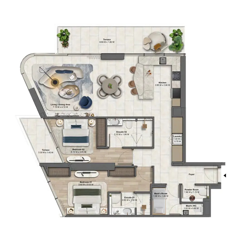 2 bedrooms floor plan