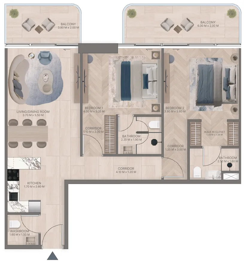 2 bedrooms floor plan