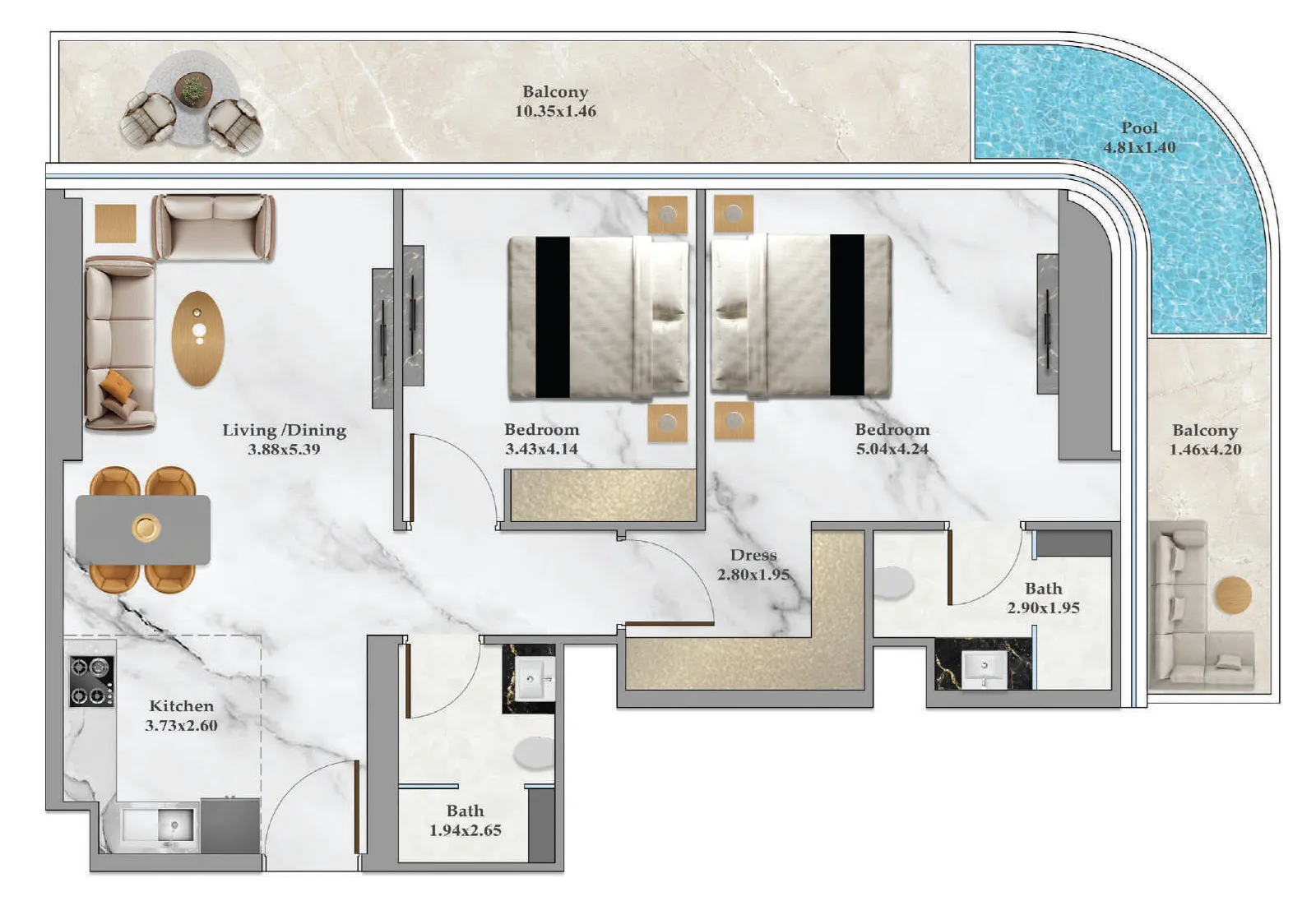 Danube Bayz 102 2BR floor plan