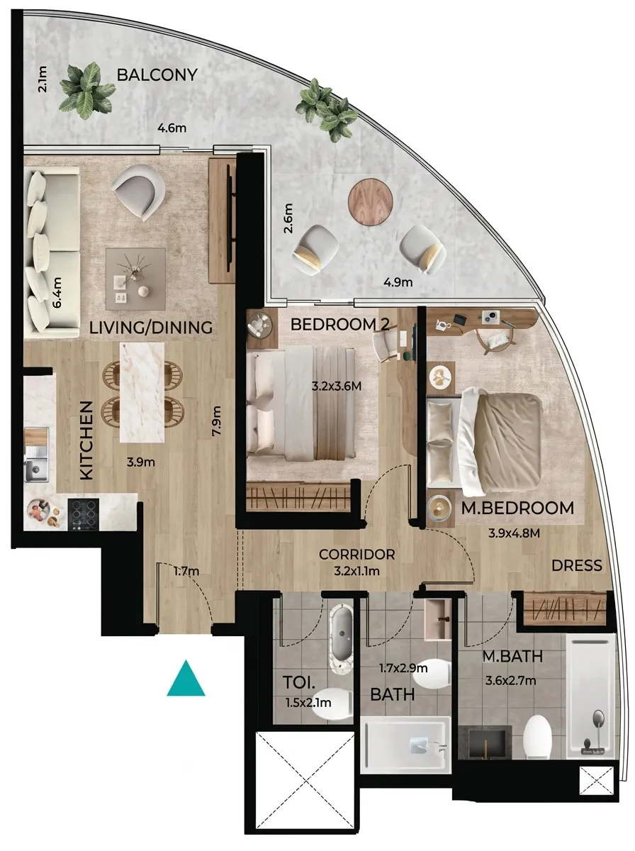 2 bedrooms floor plan