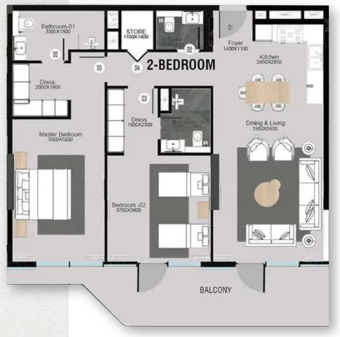 2 bedrooms floor plan