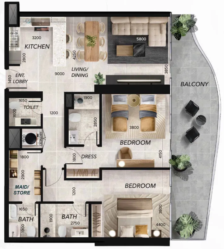 2 bedrooms floor plan