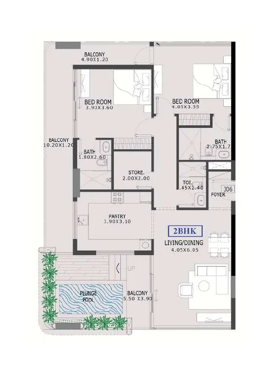 2 bedrooms floor plan