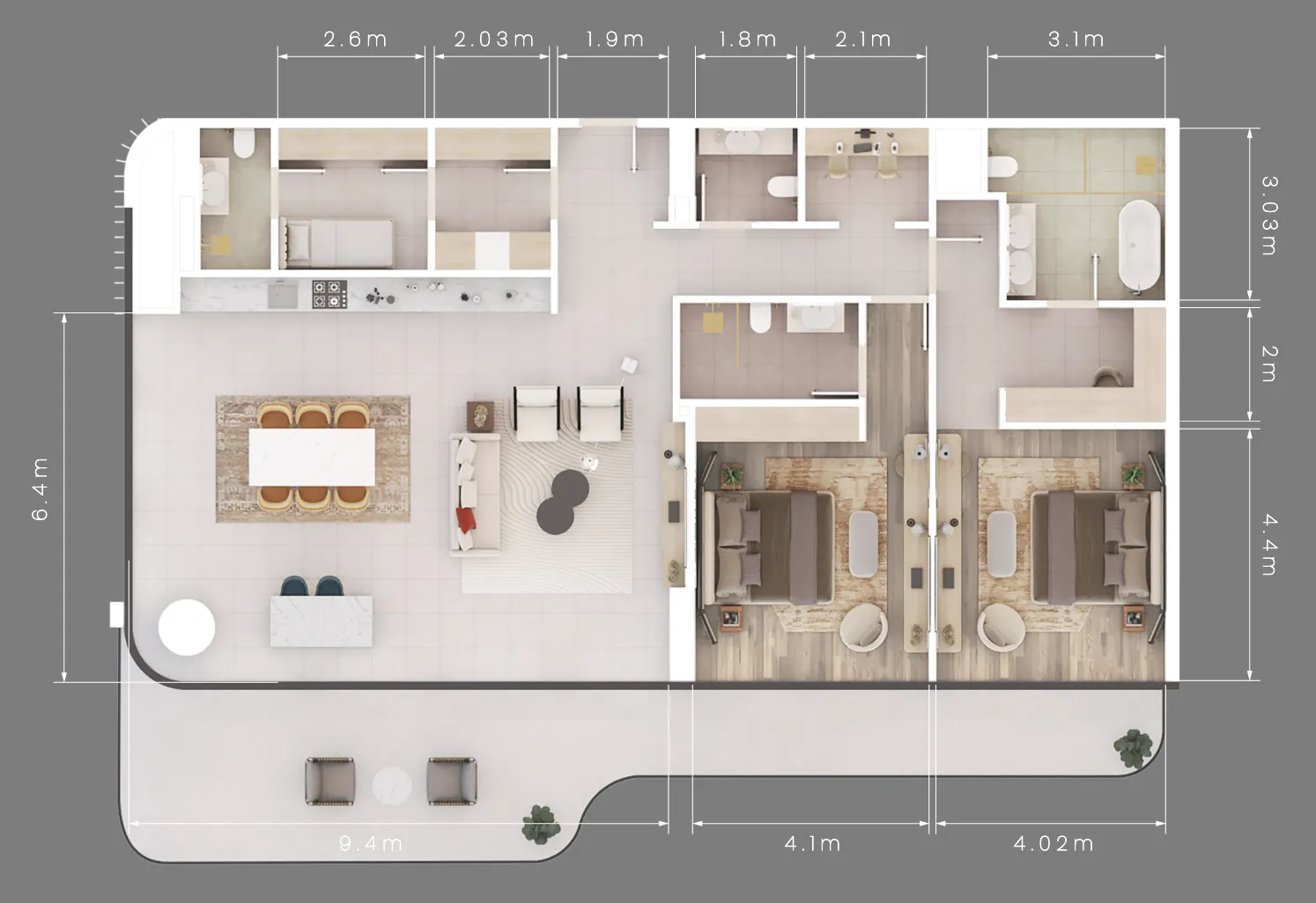 2 bedrooms floor plan