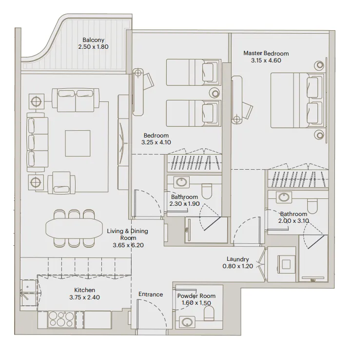 Deyaar Eleve 2BR floor plan