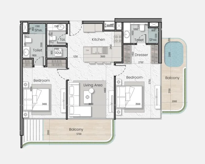 2 bedrooms floor plan