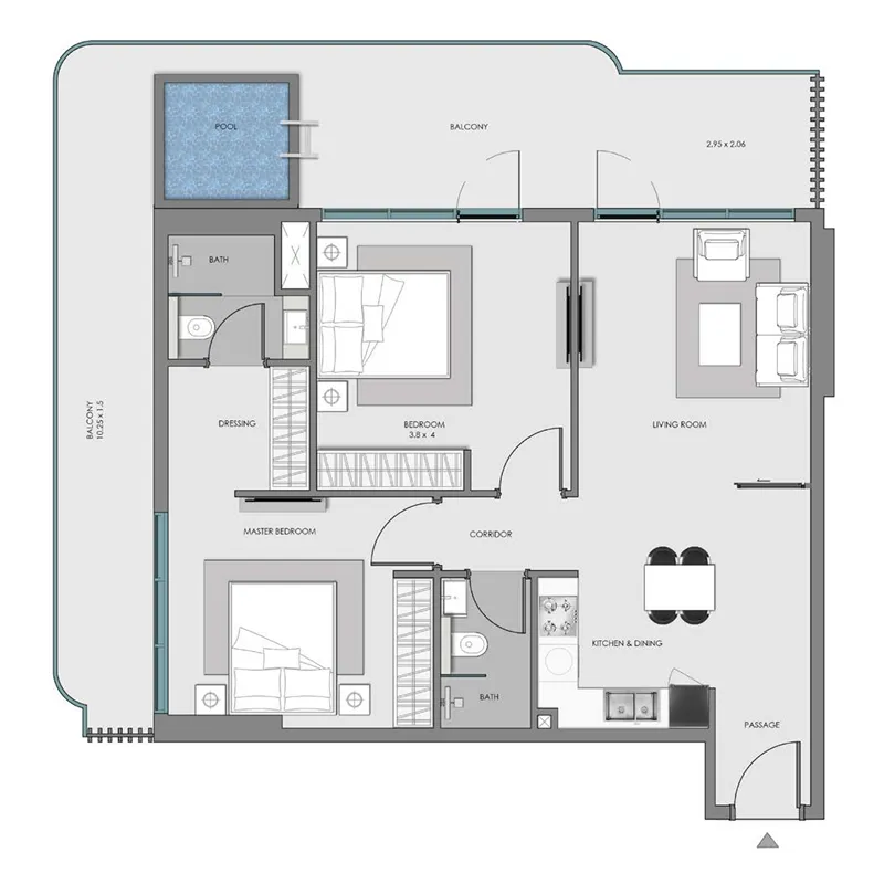 2 bedrooms floor plan