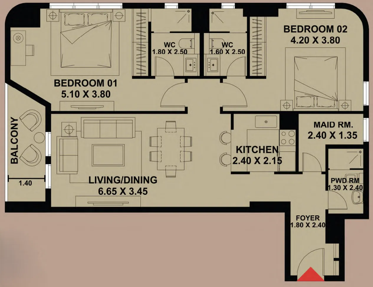 2 bedrooms floor plan