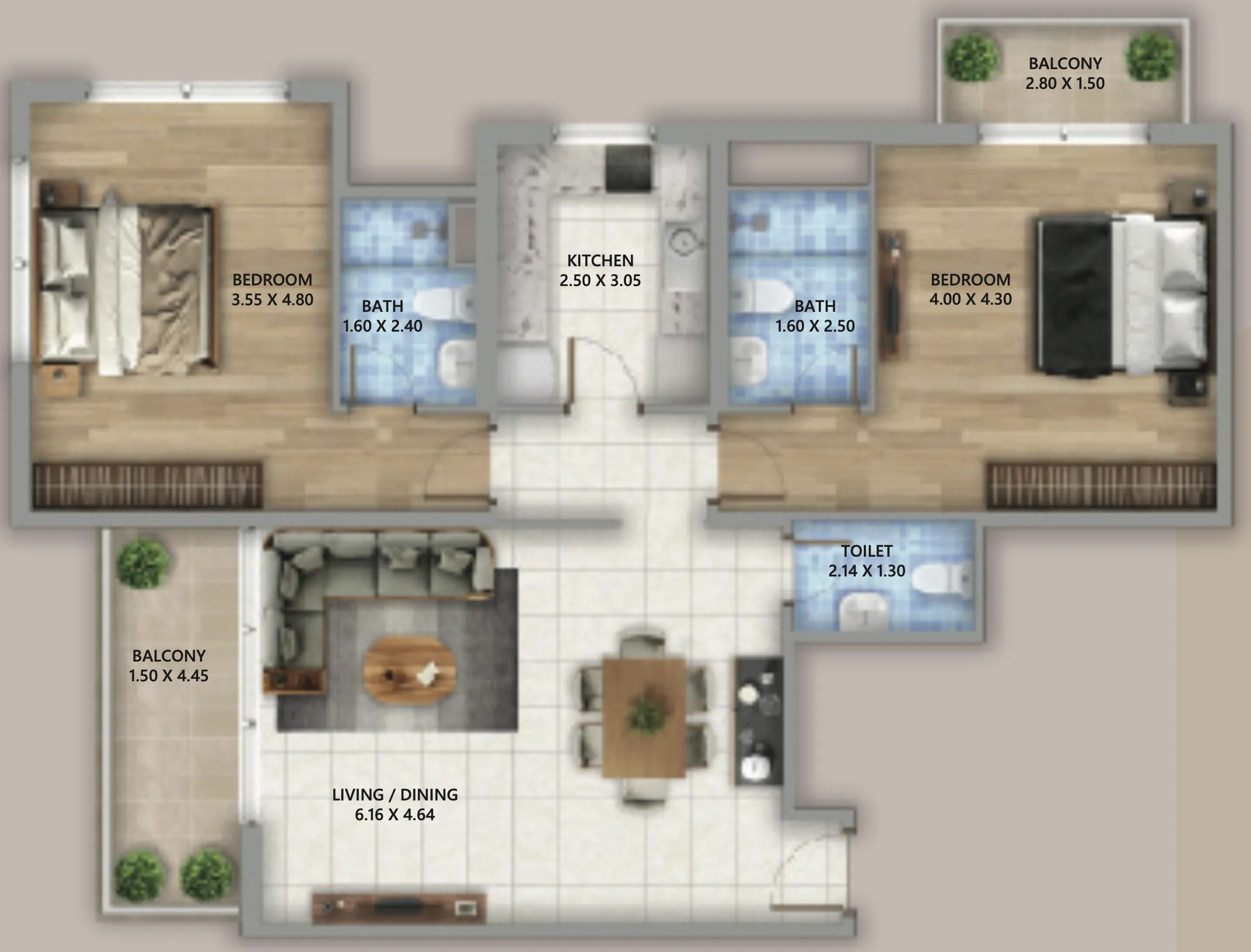 2 bedrooms floor plan