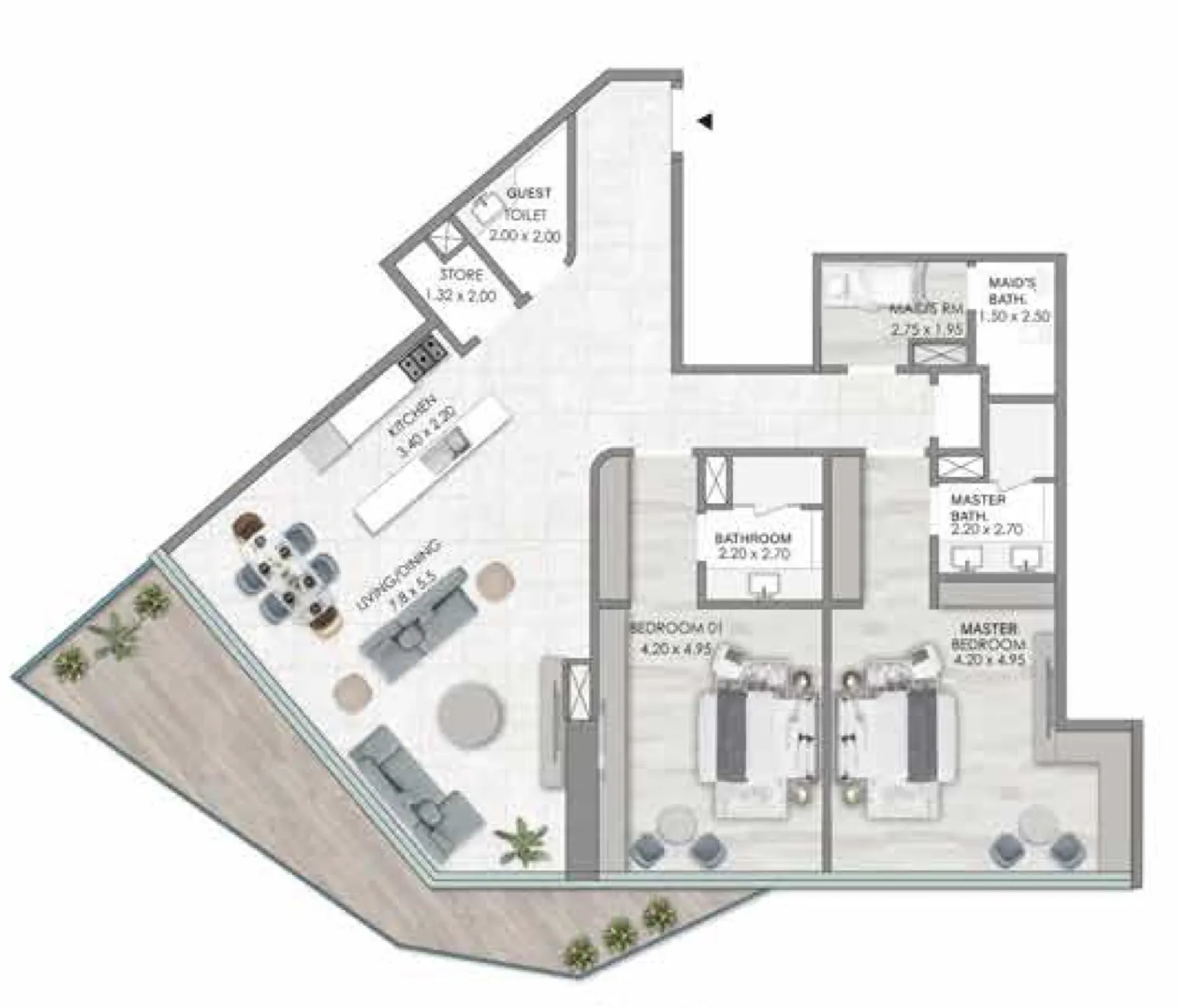 2 bedrooms floor plan