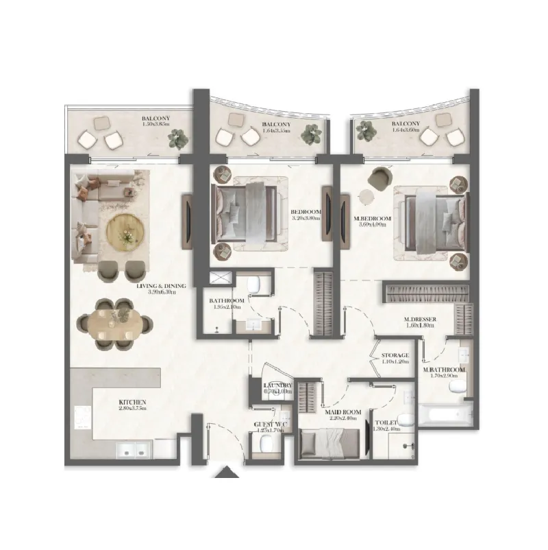 2 bedrooms floor plan