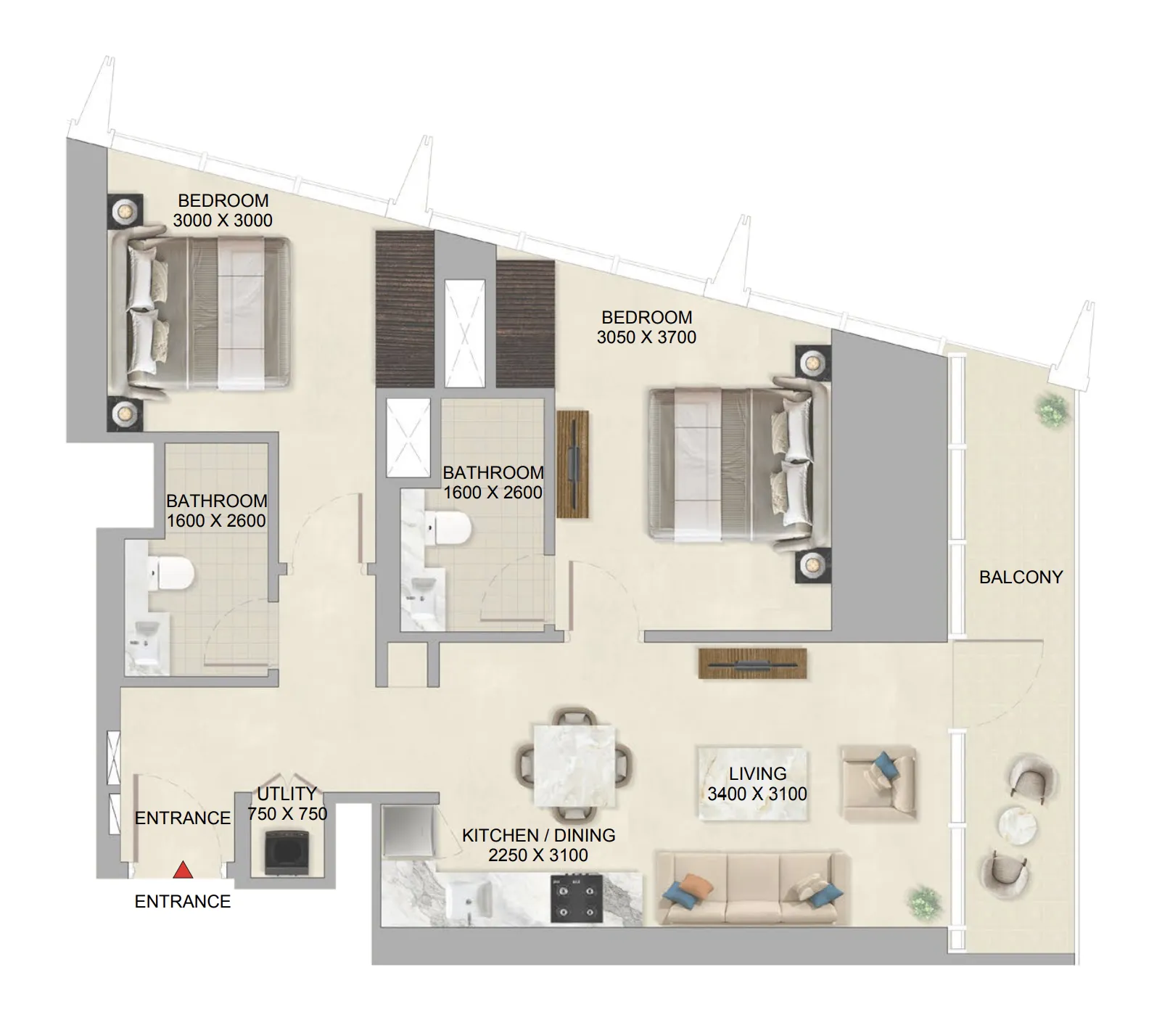 2 bedrooms floor plan