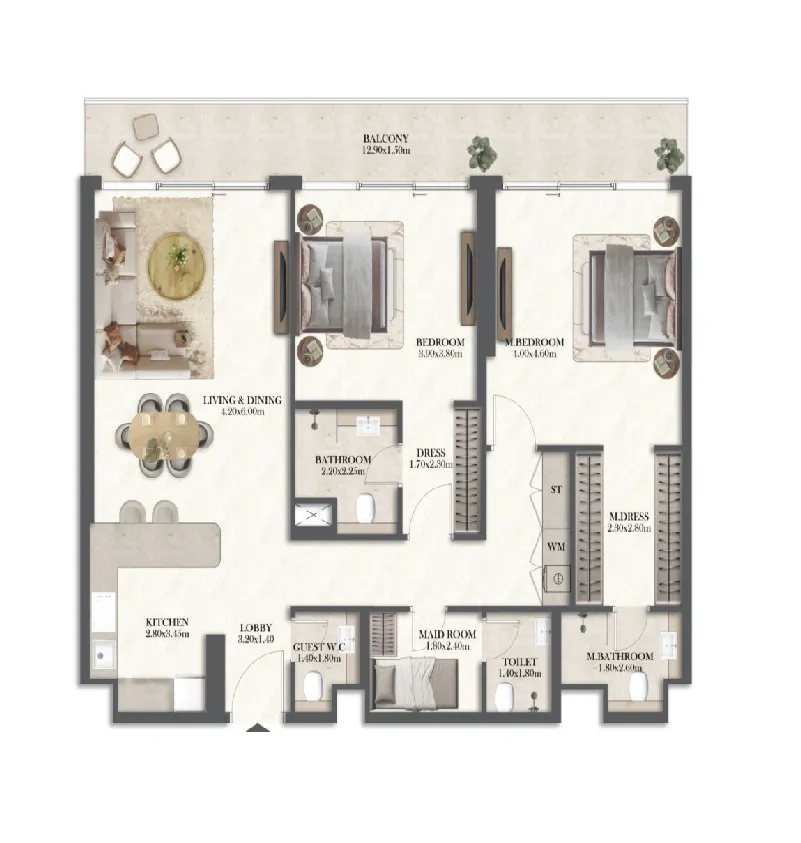 2 bedrooms floor plan
