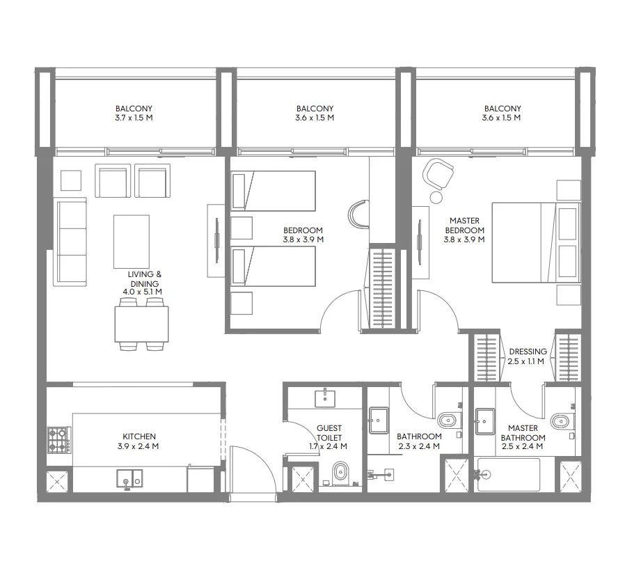 2 bedrooms floor plan