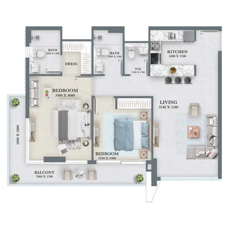2 bedrooms floor plan