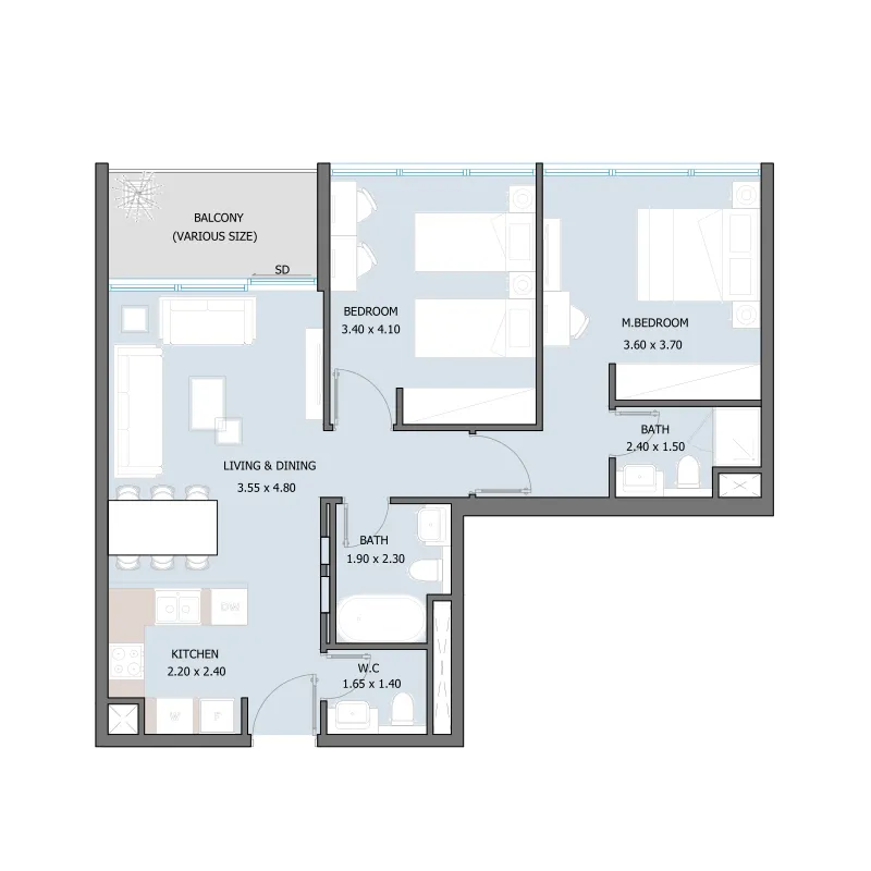 2 bedrooms floor plan