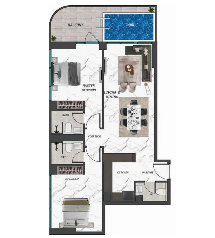 2 bedrooms floor plan