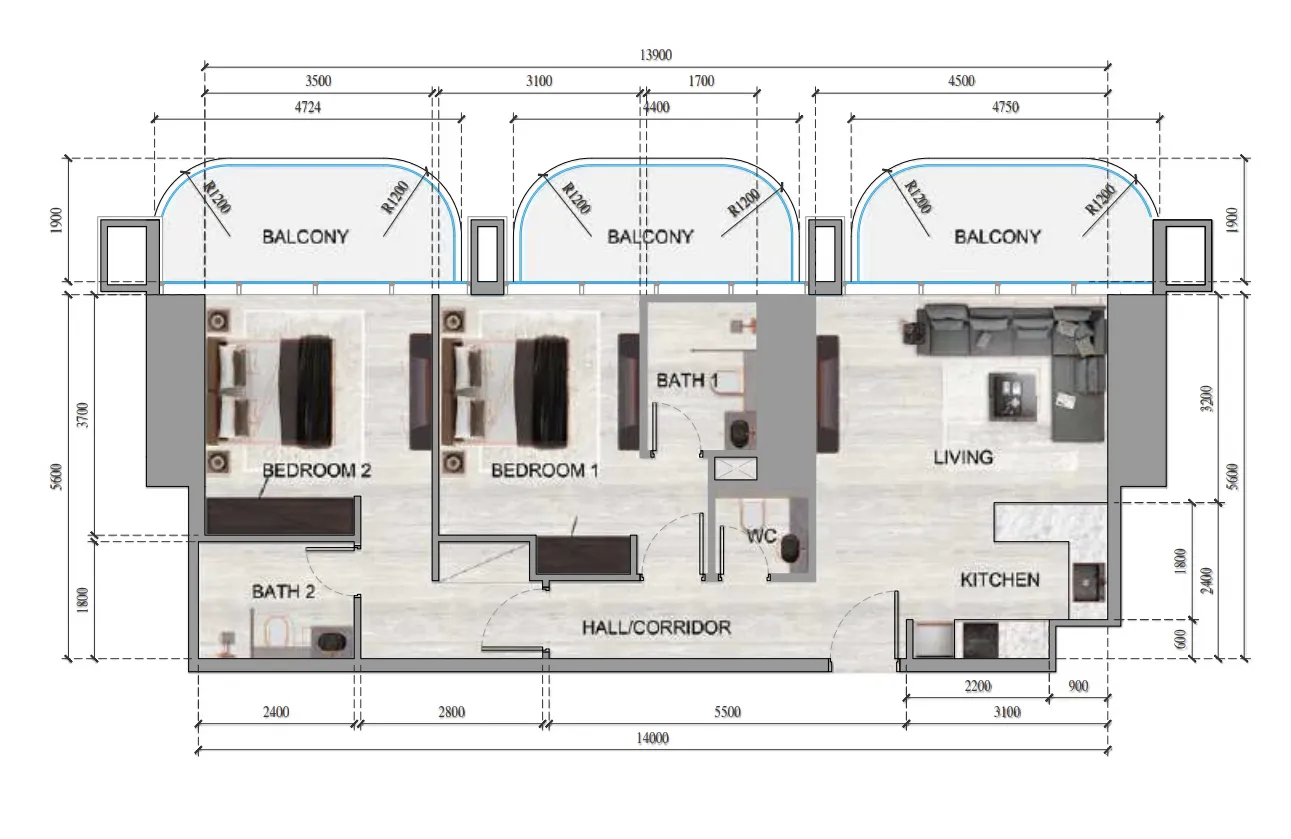 2 bedrooms floor plan