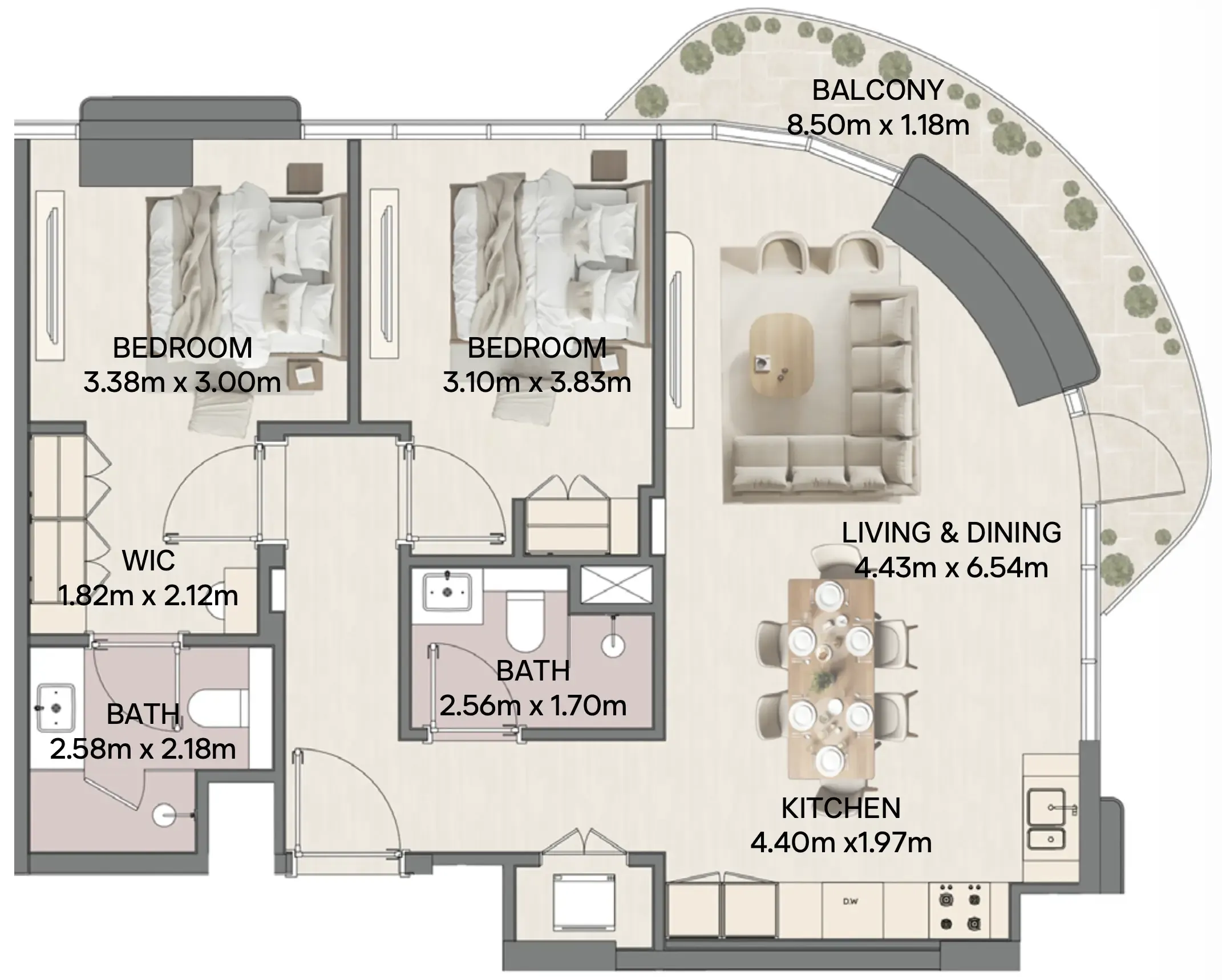 2 bedrooms floor plan