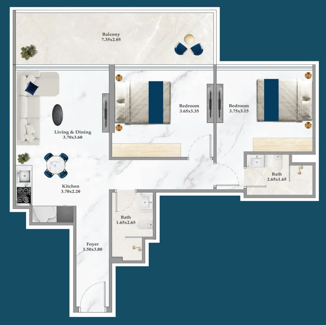 2 bedrooms floor plan