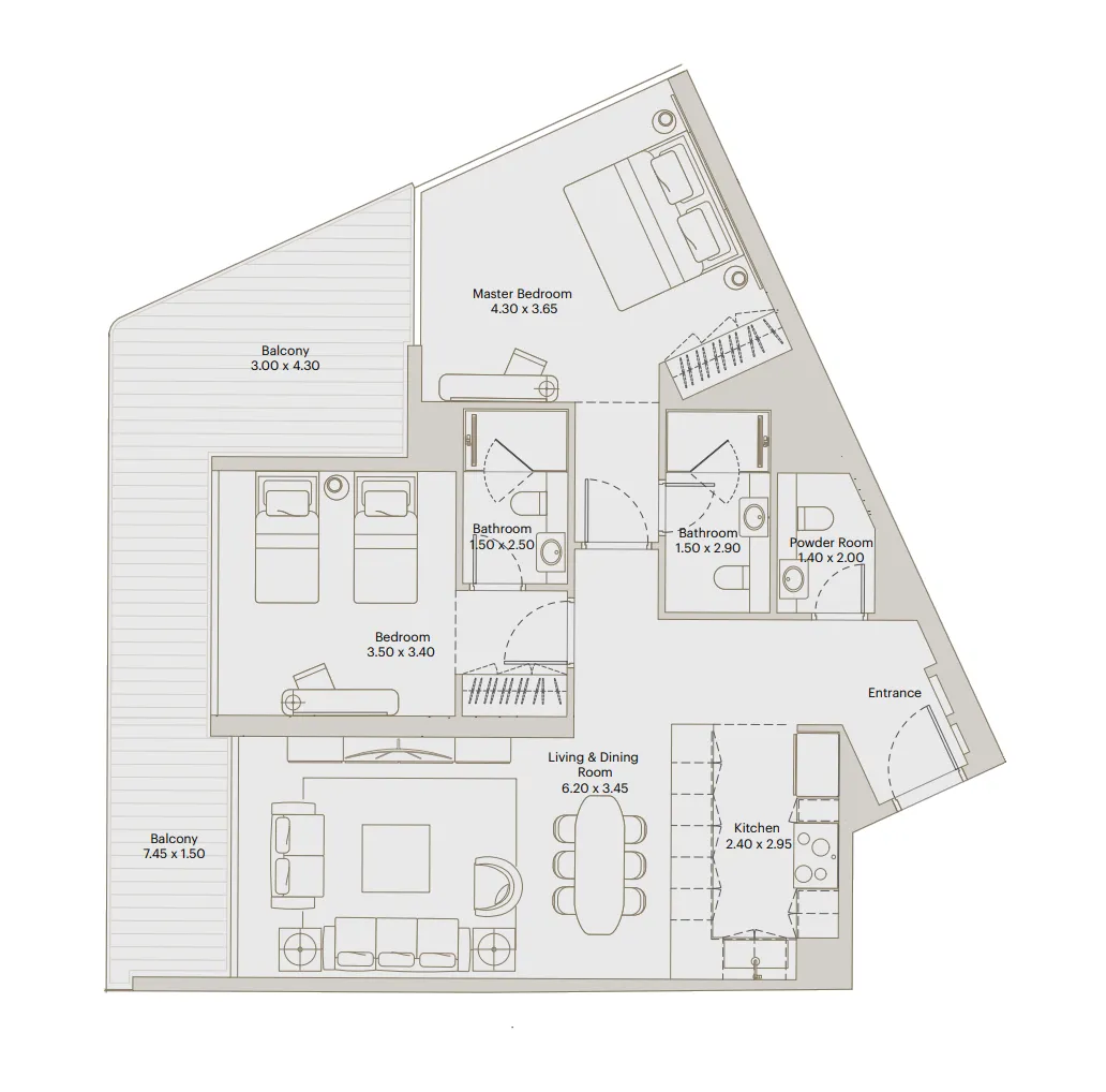 Deyaar Eleve 2BR floor plan