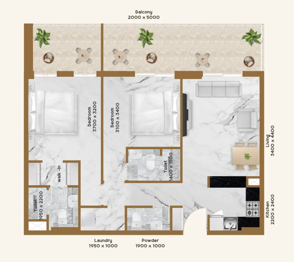 2 bedrooms floor plan