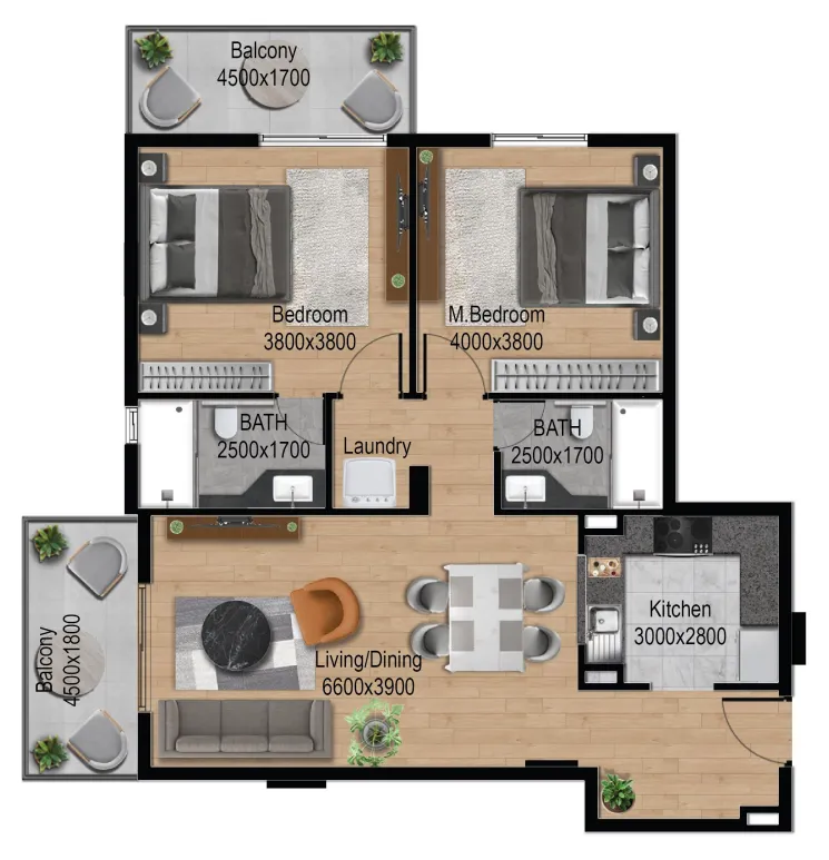 2 bedrooms floor plan