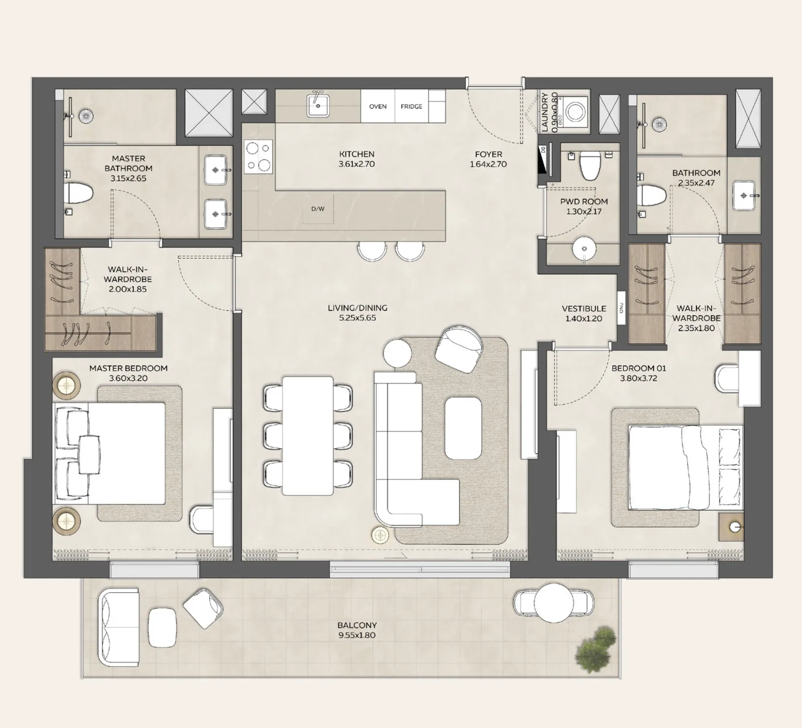 2 bedrooms floor plan