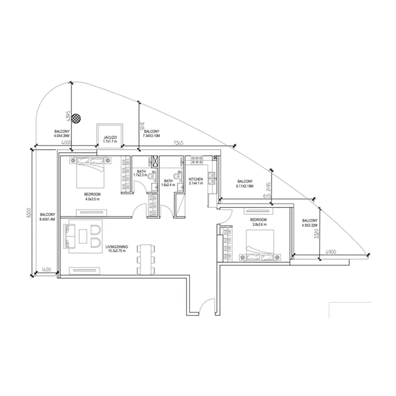 2 bedrooms floor plan