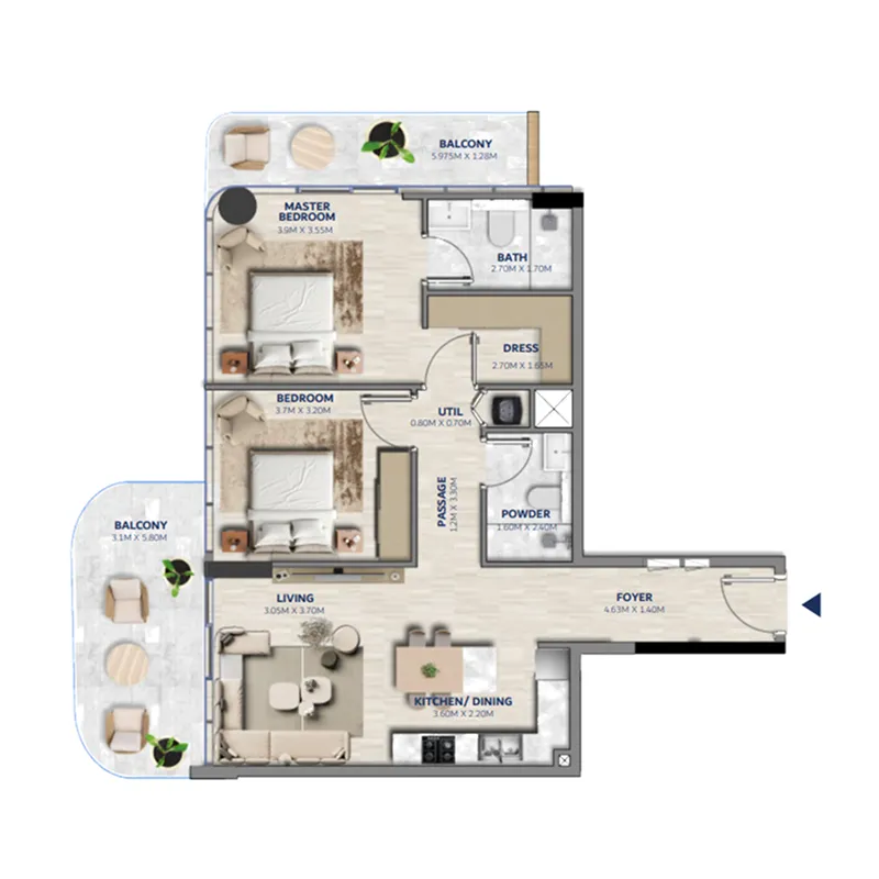 2 bedrooms floor plan