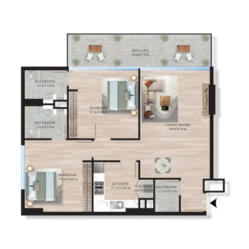 2 bedrooms floor plan