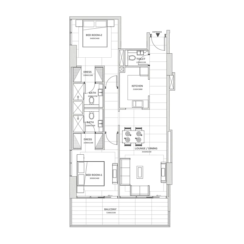 2 bedrooms floor plan