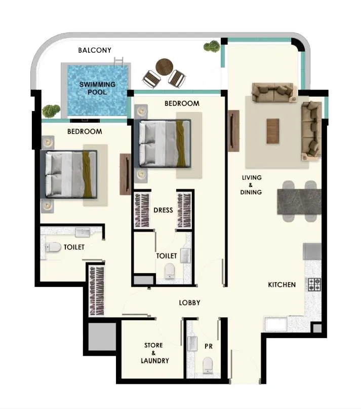 2 bedrooms floor plan