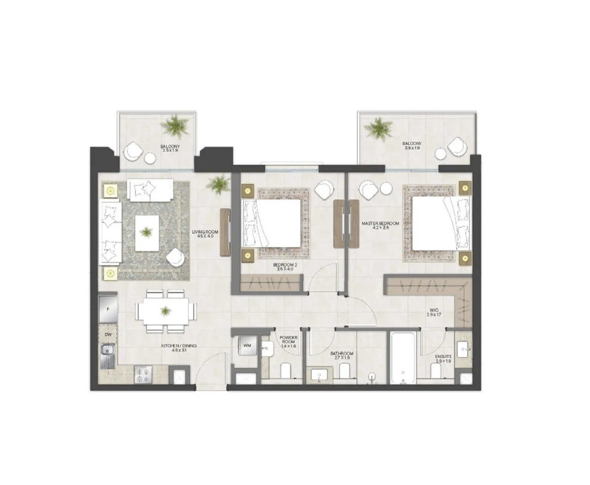 2 bedrooms floor plan