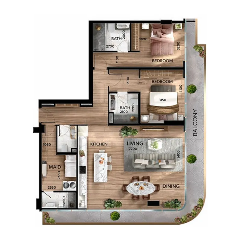 2 bedrooms floor plan