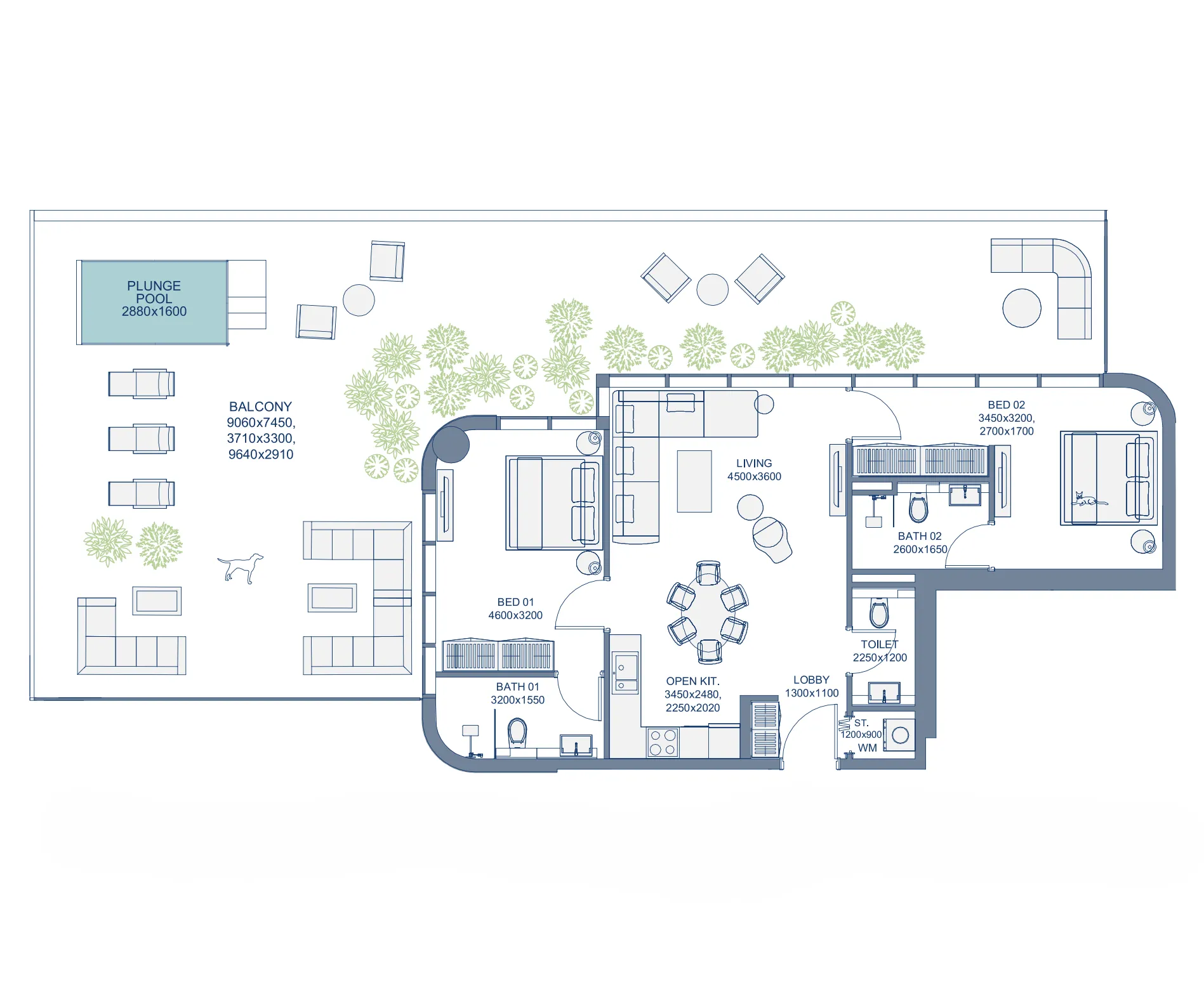 2 bedrooms floor plan